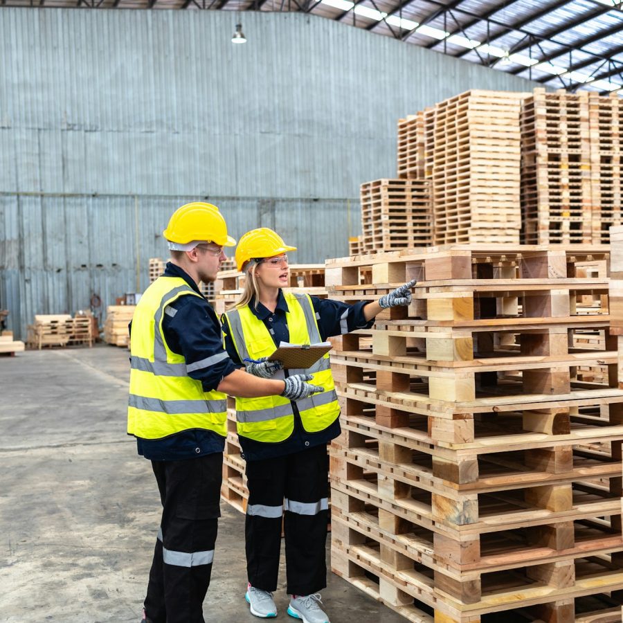 Warehouse Professionals Assessing Wooden Pallet Inventory